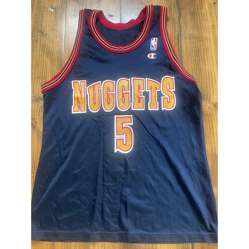 Vintage Champion Denver Nuggets Jalen Rose 5 NBA Jersey Navy Blue Mesh 90s Large